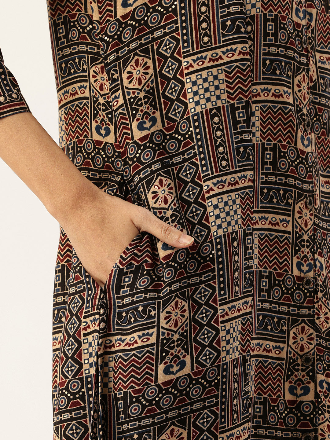 Beige Printed Mandarin Collar Kurta