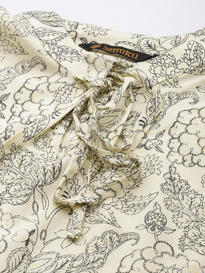 White Floral Printed Tie-Up Neck Top