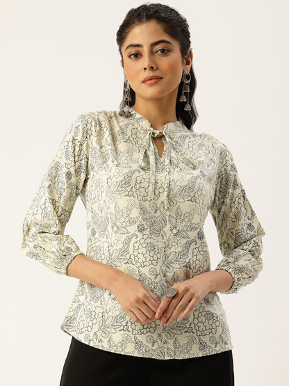 White Floral Printed Tie-Up Neck Top