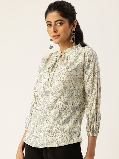 White Floral Printed Tie-Up Neck Top