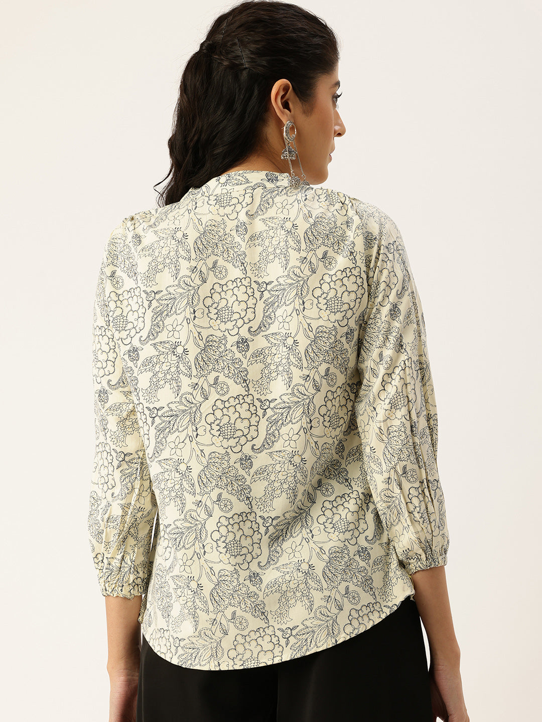 White Floral Printed Tie-Up Neck Top
