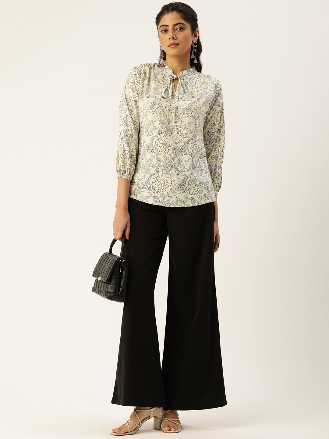 White Floral Printed Tie-Up Neck Top