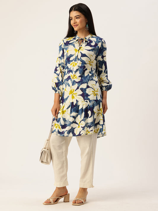 Blue Floral Printed Fit & Flare Kurta
