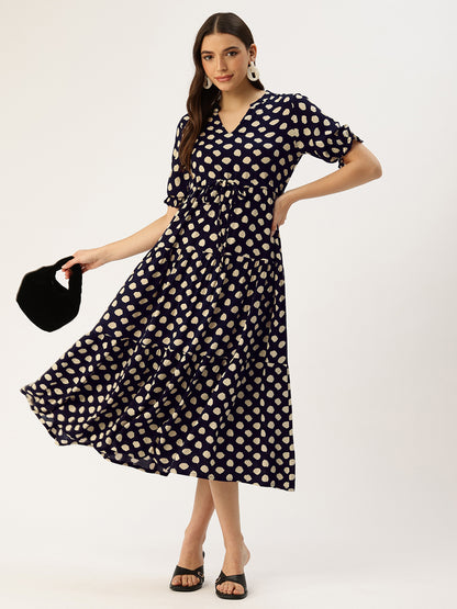 Blue Polka Dot Printed Waist Tie-Up Fit & Flare Midi Dress