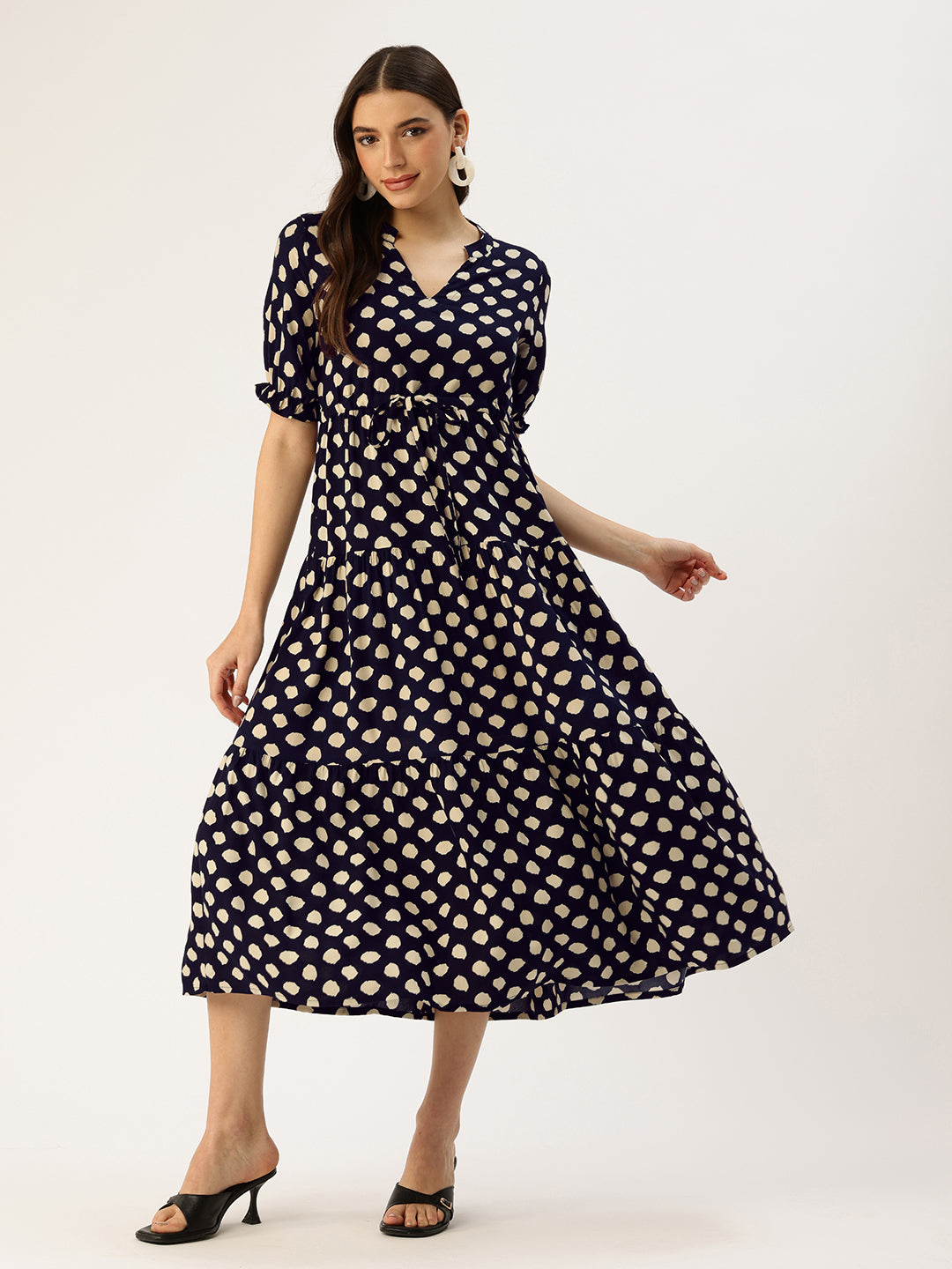 Blue Polka Dot Printed Waist Tie-Up Fit & Flare Midi Dress