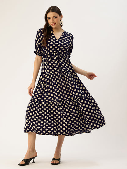 Blue Polka Dot Printed Waist Tie-Up Fit & Flare Midi Dress