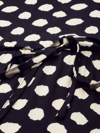 Blue Polka Dot Printed Waist Tie-Up Fit & Flare Midi Dress