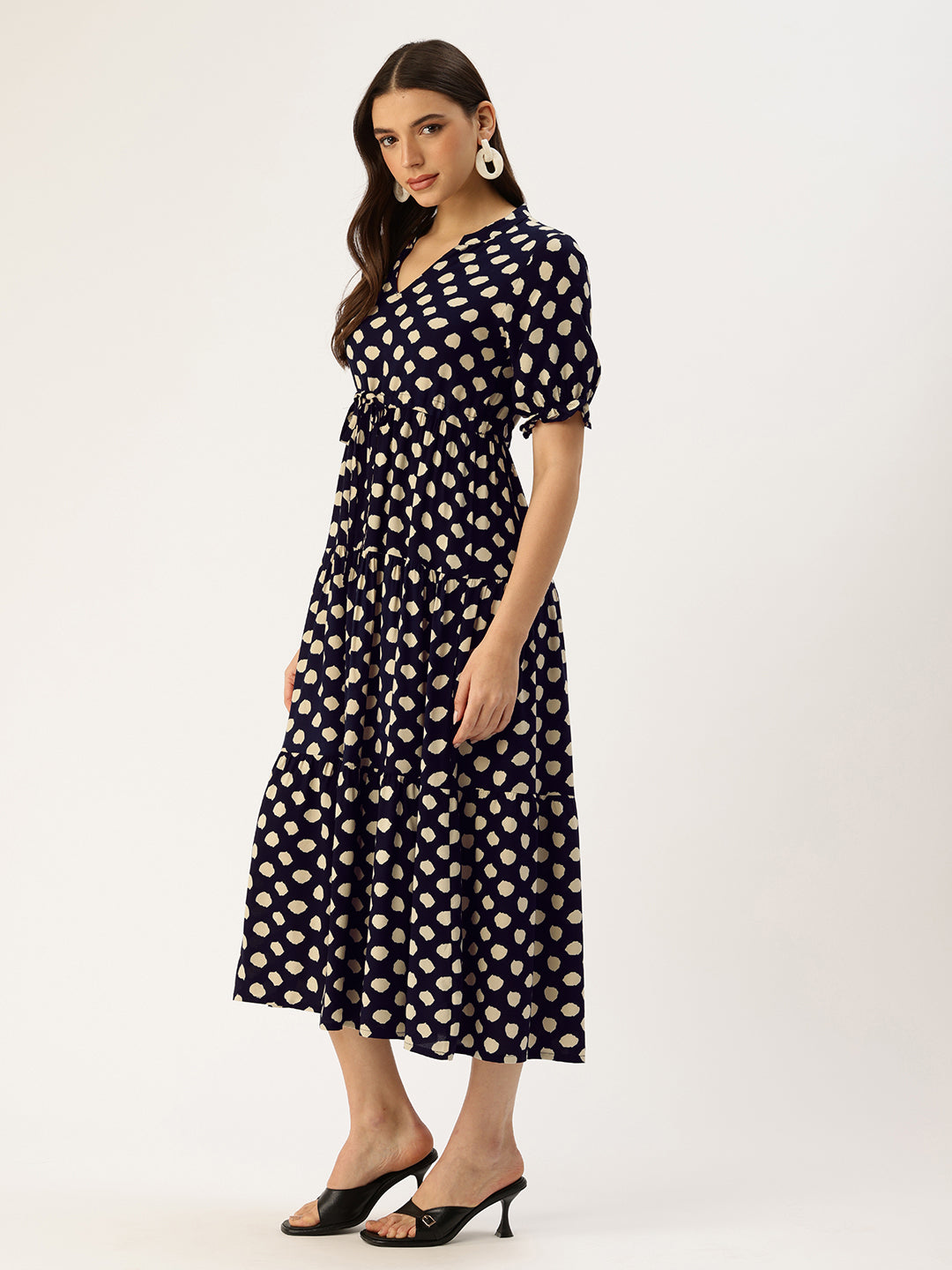 Blue Polka Dot Printed Waist Tie-Up Fit & Flare Midi Dress