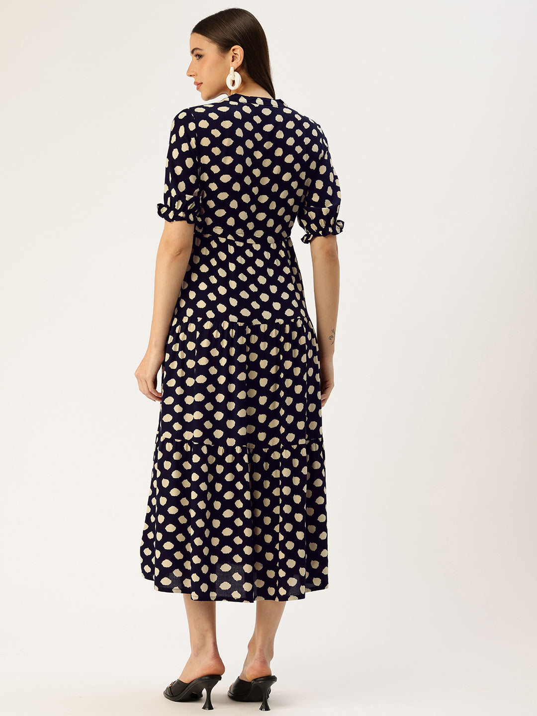 Blue Polka Dot Printed Waist Tie-Up Fit & Flare Midi Dress