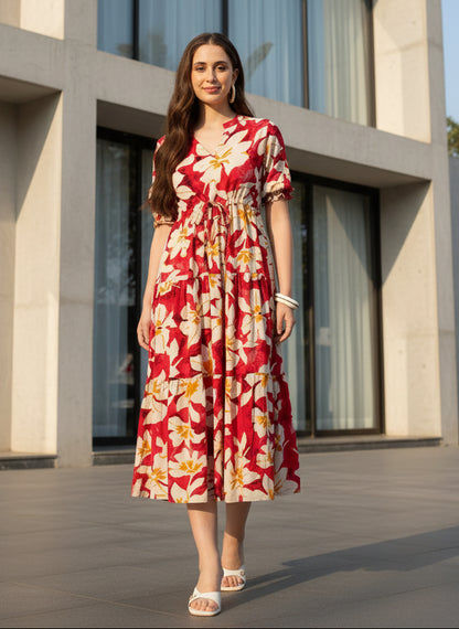 red and yellow floral dress Stunning 1950s Red Orange Poppy and Yellow Cotton Printed Dress With Full Skirt Perfect Pin up Holiday Summer Wear