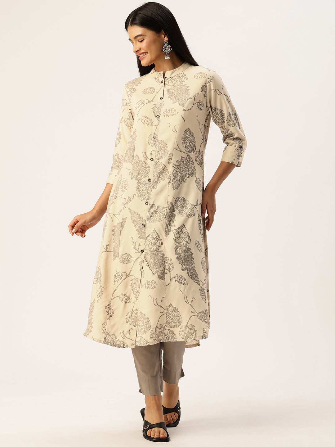 Beige Floral Printed Mandarin Collar Kurta
