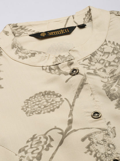 Beige Floral Printed Mandarin Collar Kurta