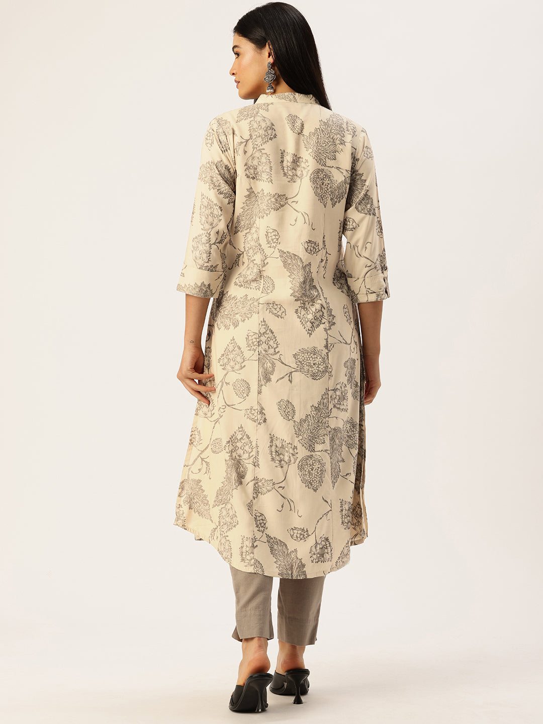 Beige Floral Printed Mandarin Collar Kurta