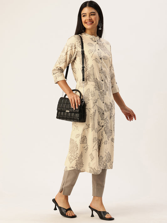 Beige Floral Printed Mandarin Collar Kurta