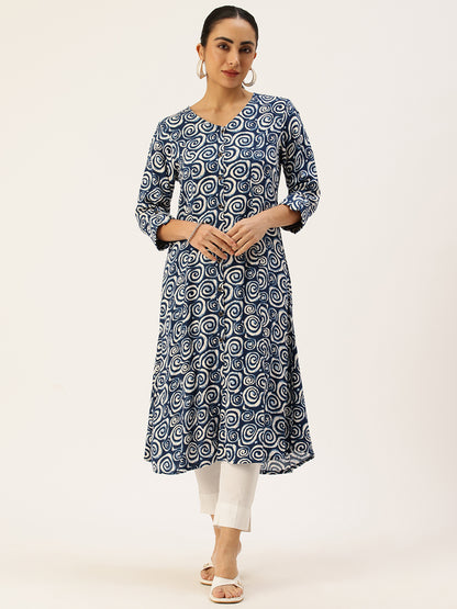 Blue Spiral Printed V-Neck Kurta