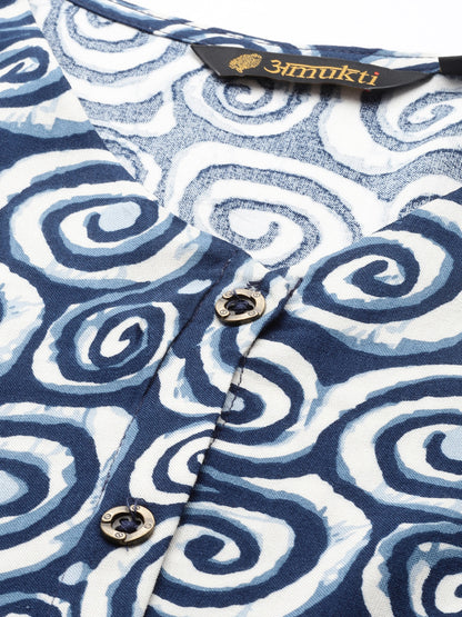 Blue Spiral Printed V-Neck Kurta