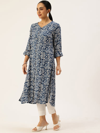 Blue Spiral Printed V-Neck Kurta