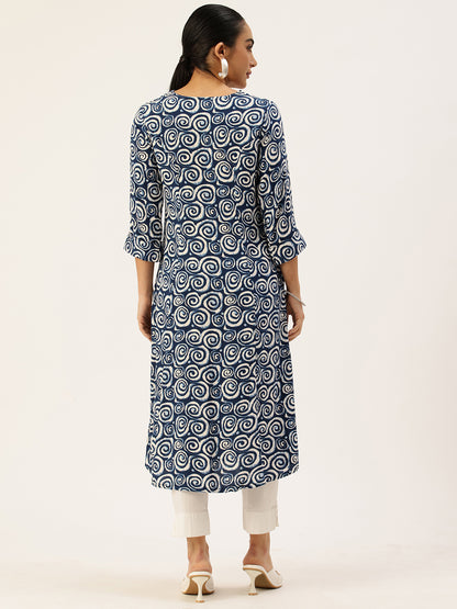 Blue Spiral Printed V-Neck Kurta