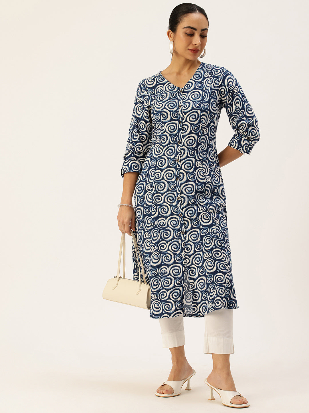 Blue Spiral Printed V-Neck Kurta