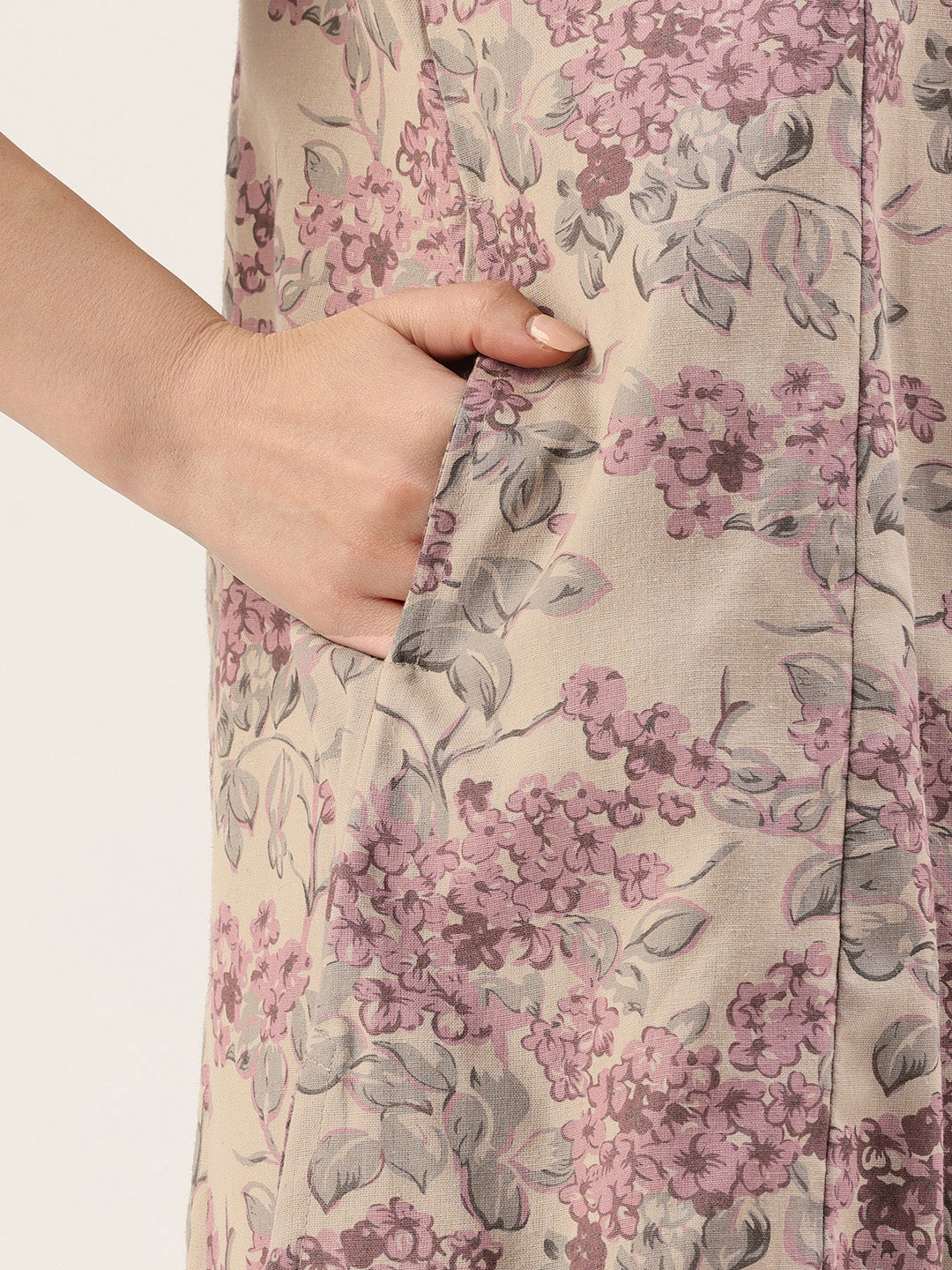 Grey & Pink Floral Printed A-Line Linen Kurta