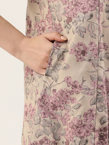 Grey & Pink Floral Printed A-Line Linen Kurta
