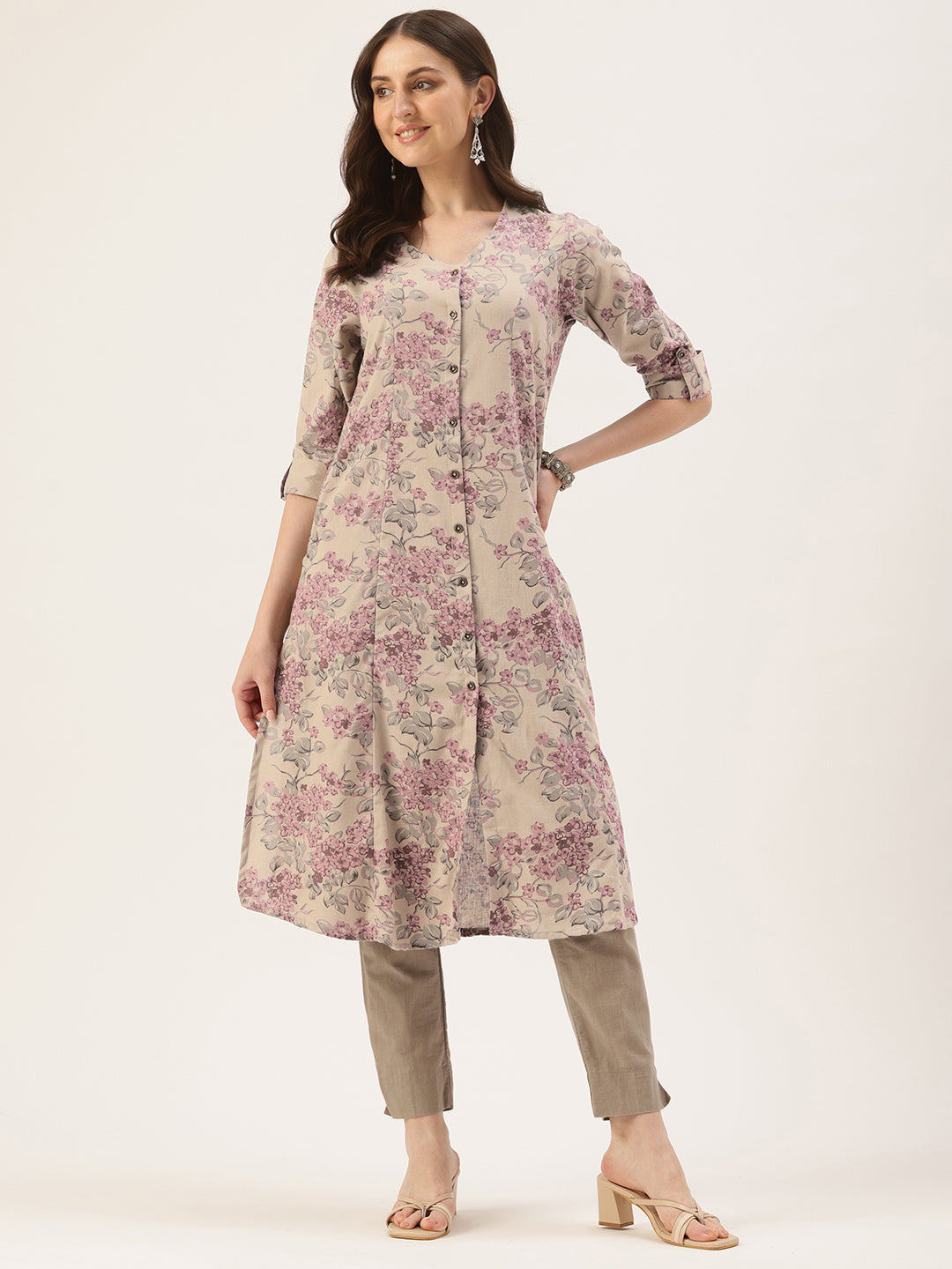 Grey & Pink Floral Printed A-Line Linen Kurta