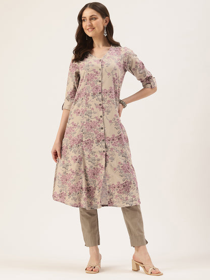 Grey & Pink Floral Printed A-Line Linen Kurta