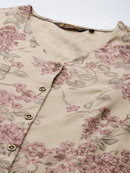 Grey & Pink Floral Printed A-Line Linen Kurta
