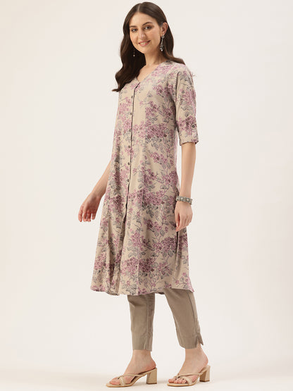 Grey & Pink Floral Printed A-Line Linen Kurta