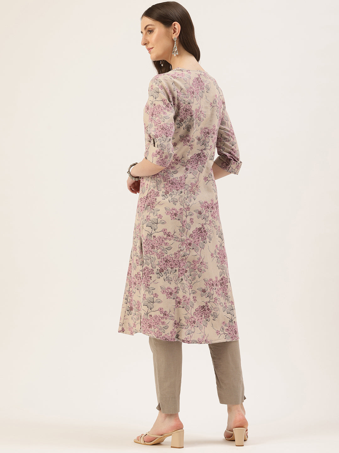 Grey & Pink Floral Printed A-Line Linen Kurta