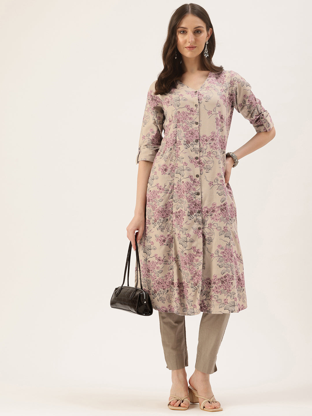 Grey & Pink Floral Printed A-Line Linen Kurta