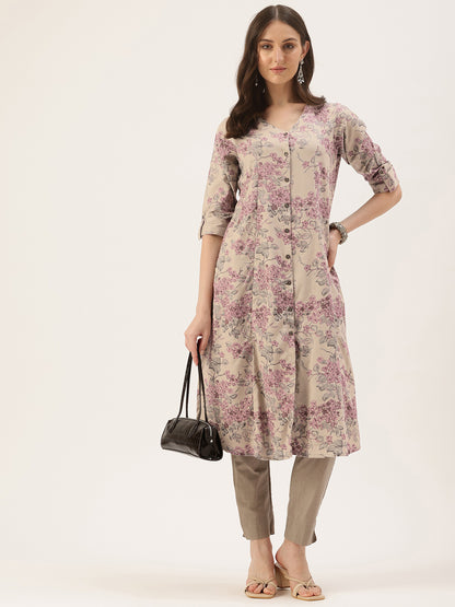 Grey & Pink Floral Printed A-Line Linen Kurta