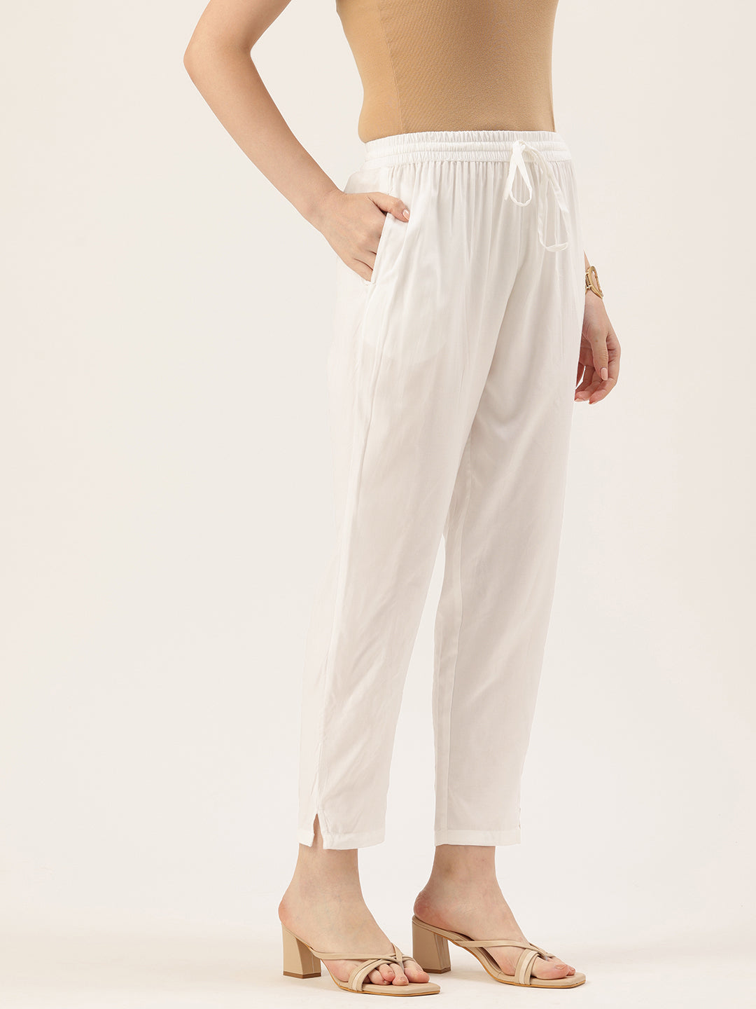 Ivory Pencil Pleated Cigarette Trousers