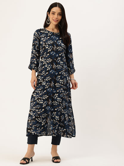Blue Floral Printed A-Line Kurta