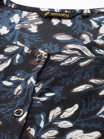Blue Floral Printed A-Line Kurta
