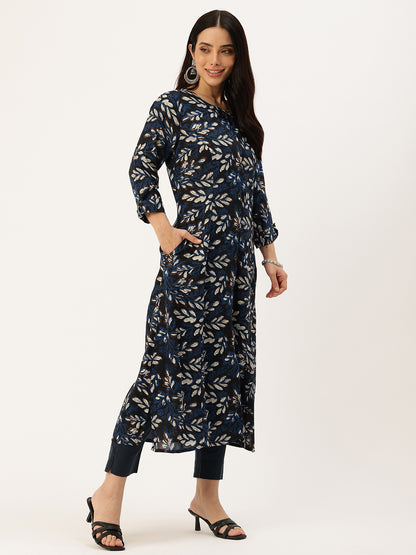 Blue Floral Printed A-Line Kurta