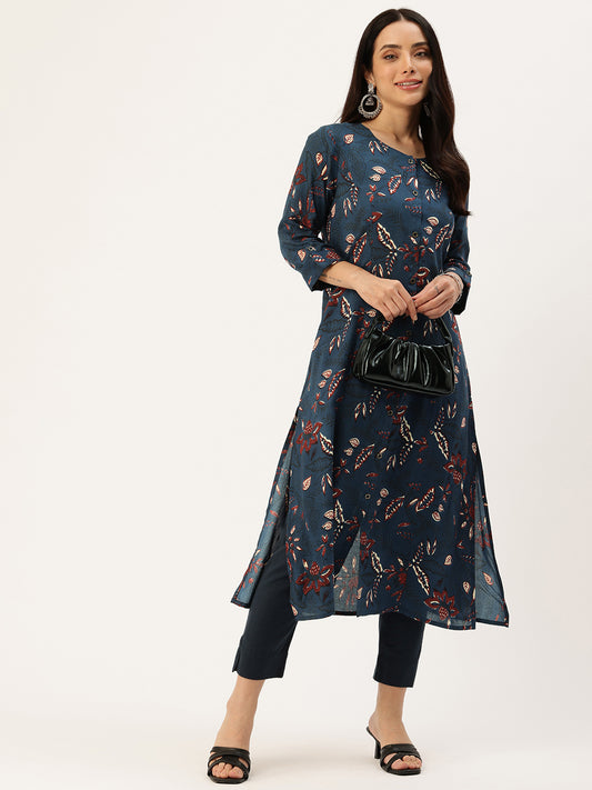 Blue Floral Printed Kurta