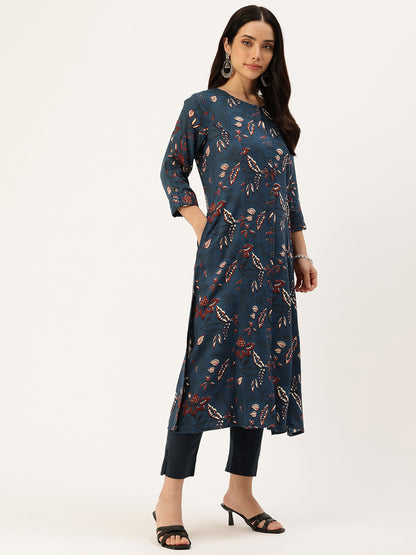 Blue Floral Printed Kurta