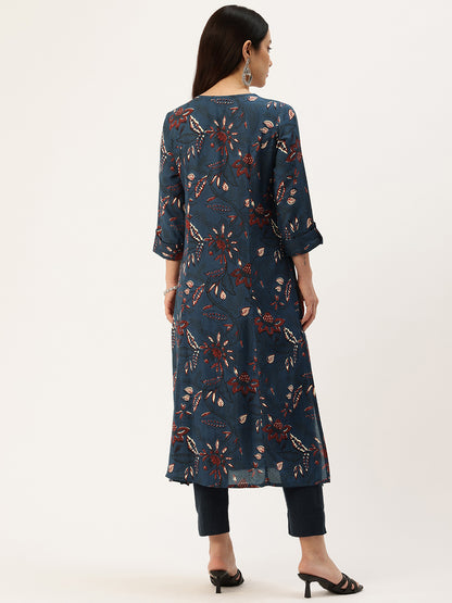 Blue Floral Printed Kurta