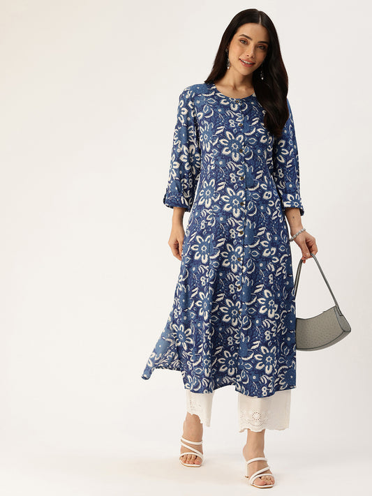 Blue Floral Printed A-Line Kurta