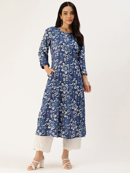 Blue Floral Printed A-Line Kurta