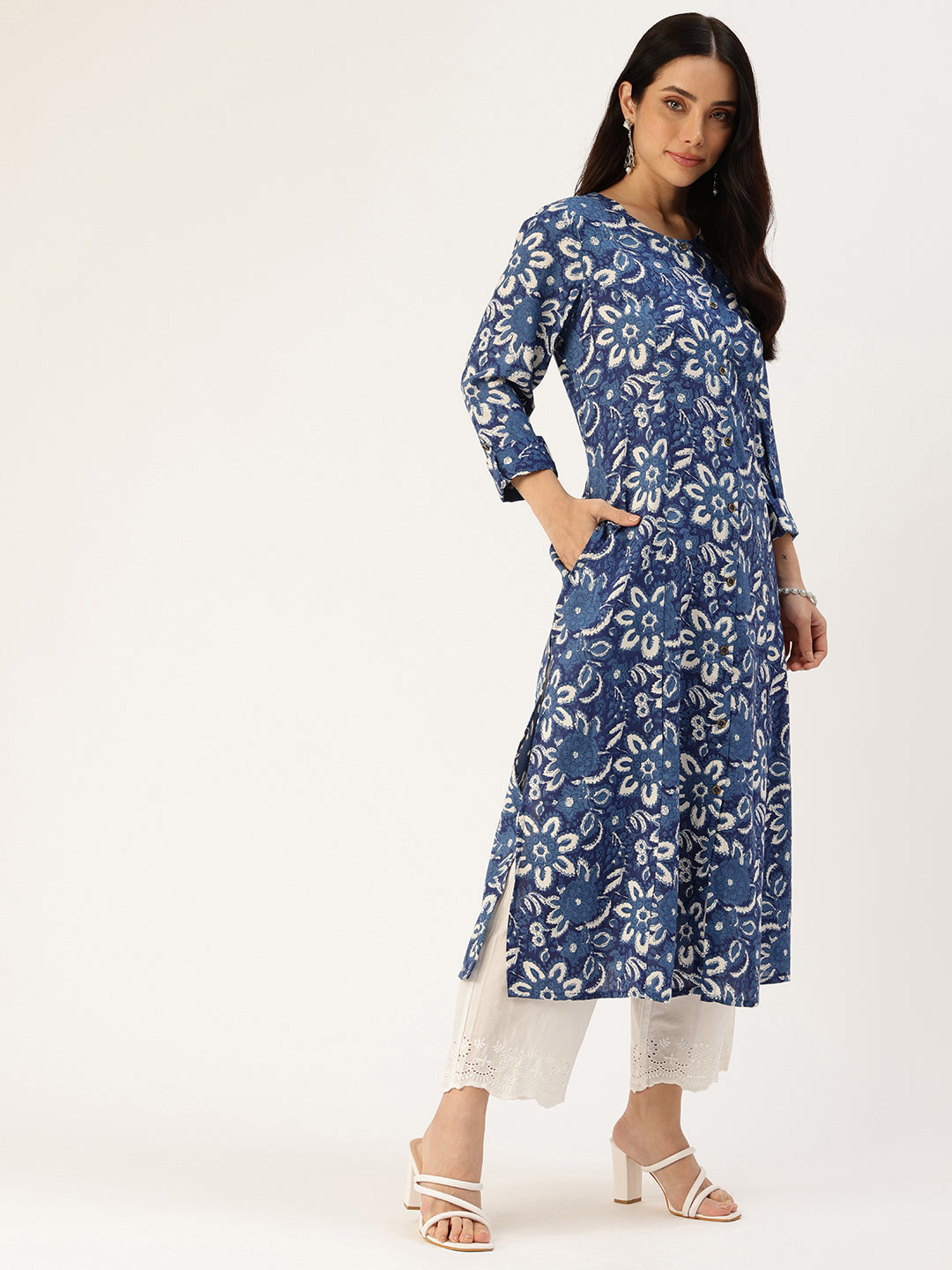 Blue Floral Printed A-Line Kurta