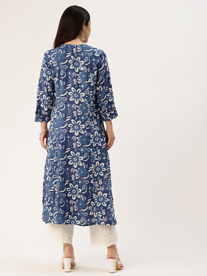 Blue Floral Printed A-Line Kurta