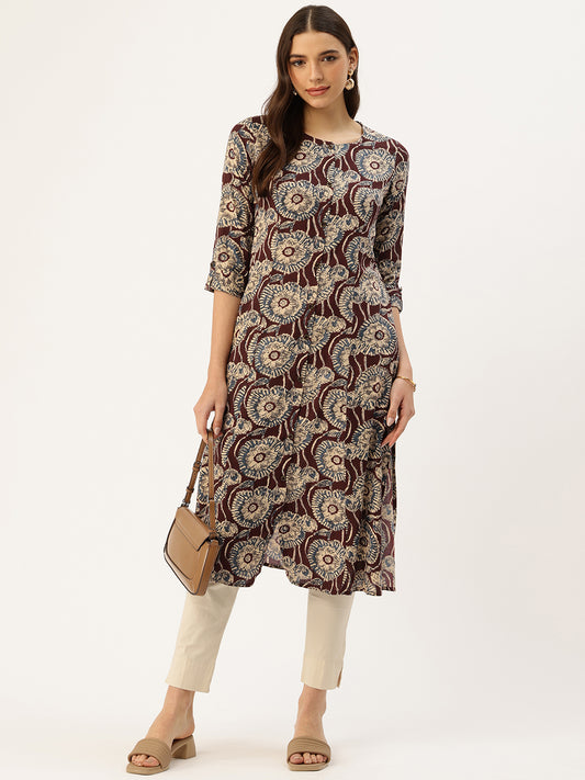 Brown Ethnic Motifs Printed Floral Kurta