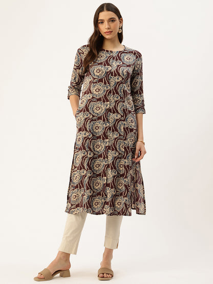 Brown Ethnic Motifs Printed Floral Kurta