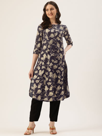 Black Floral Printed Roll Up Sleeves Kurta