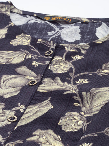 Black Floral Printed Roll Up Sleeves Kurta