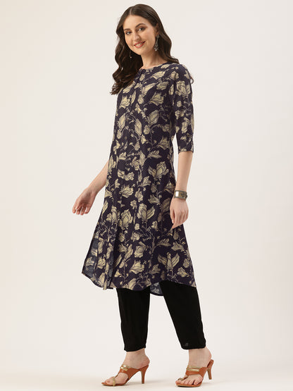 Black Floral Printed Roll Up Sleeves Kurta