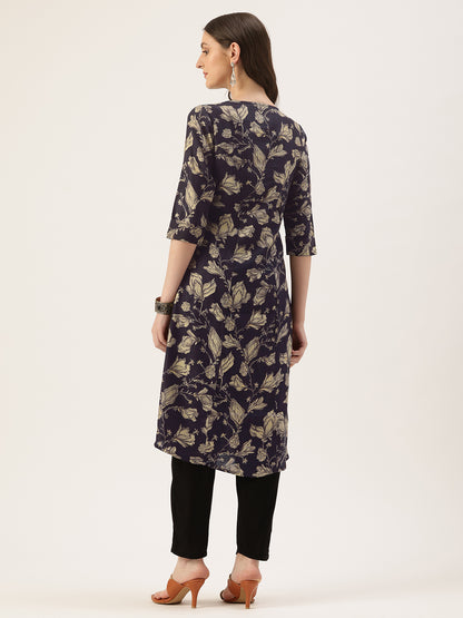 Black Floral Printed Roll Up Sleeves Kurta