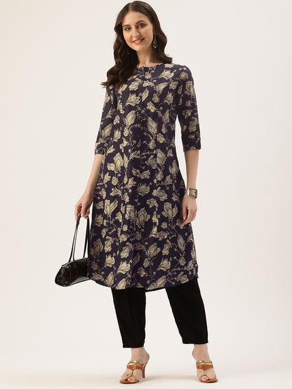 Black Floral Printed Roll Up Sleeves Kurta